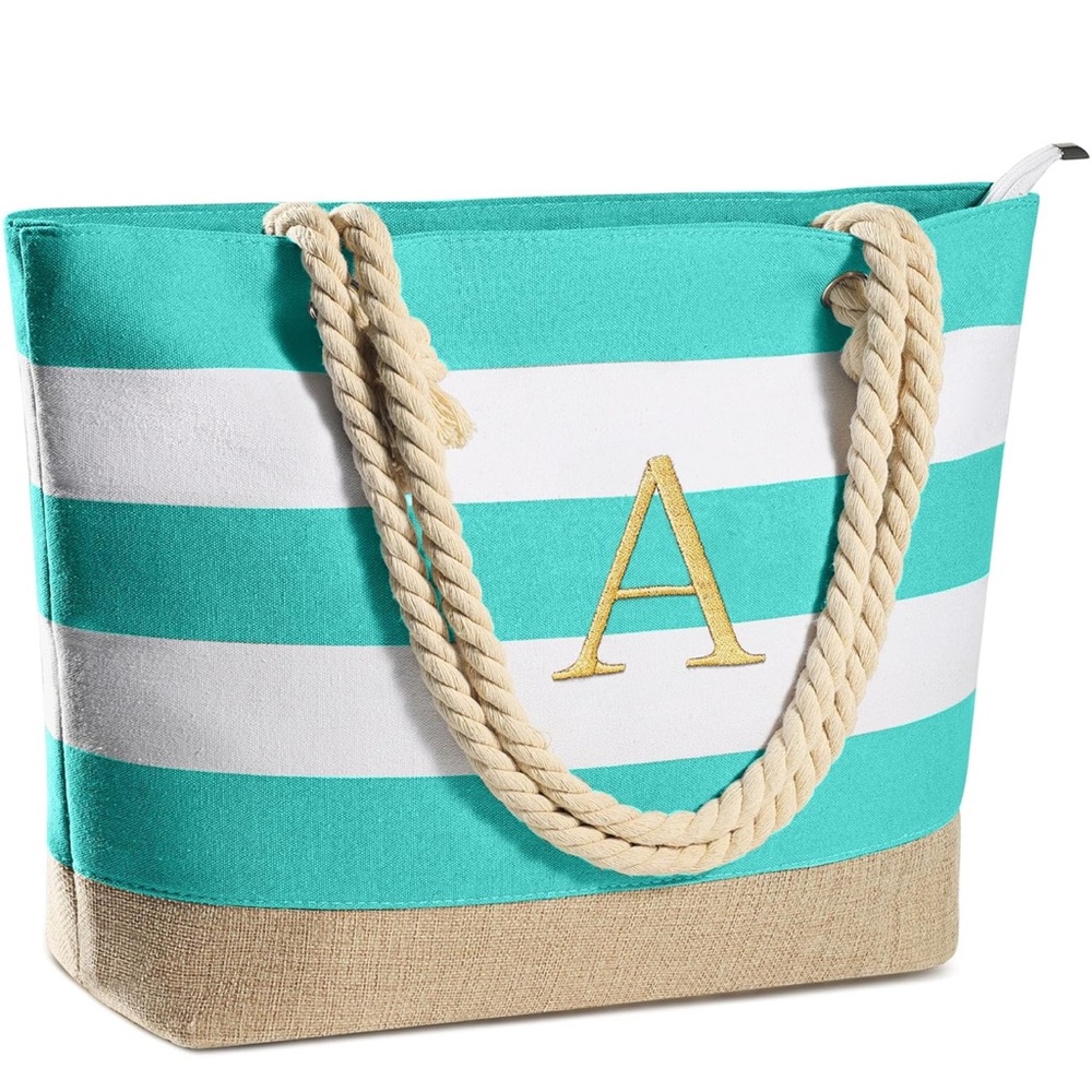 Striped Turquoise and White Tote Bag